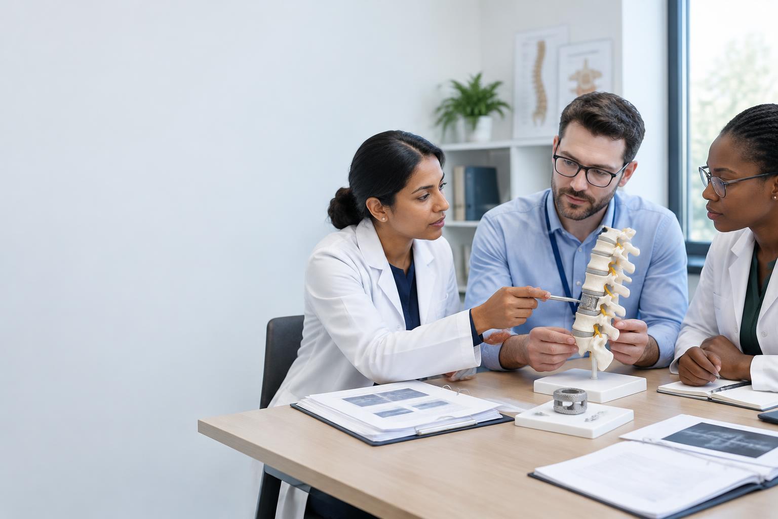 Illustrative clinical research team reviewing a spine model and study documents